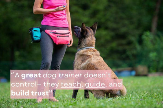 trainer and dog with the quote ''a great dog trainer doesn't control - they teach, guide and build trust''.