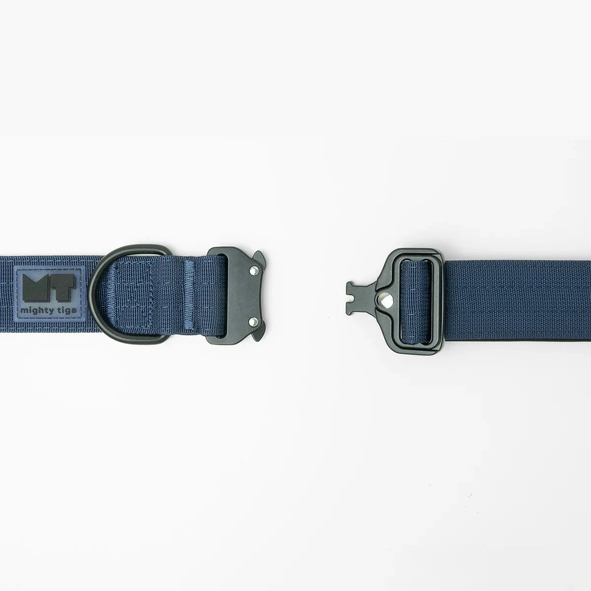 Tactical dog collar with black metal buckle on a white background, featuring the 'Mighty Tiga' logo