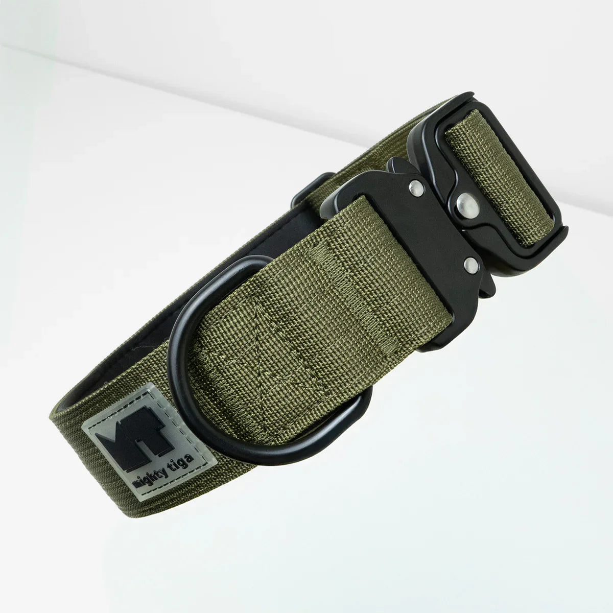Amry green tactical dog collar size XL with black metal buckle showing Mighty Tiga logo on a white background