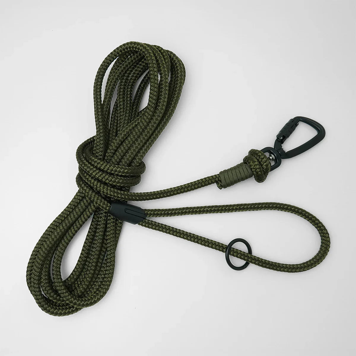 Army green 5m long dog lead with a black carabiner and black O-ring on a white background