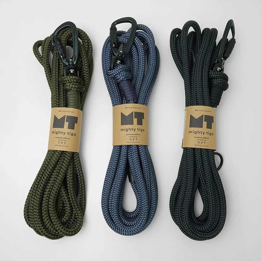 Three 5m long line leads in colour army green, navy blue and black