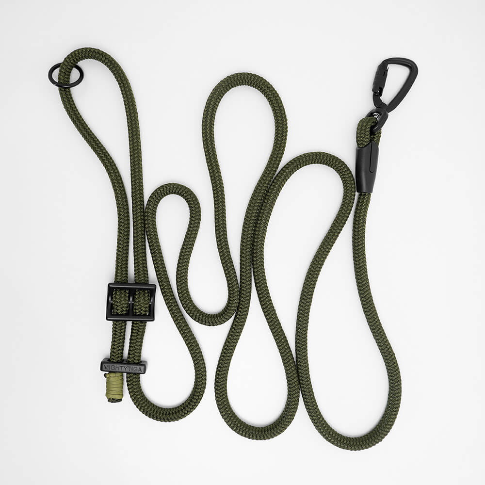 Hands free dog leash extended to its full 2.6m long lead length for off-leash freedom