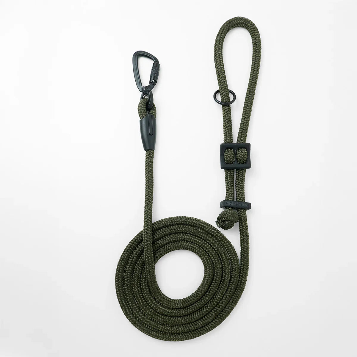 Army green hands-free dog leash by Mighty Tiga, rolled for display on white background