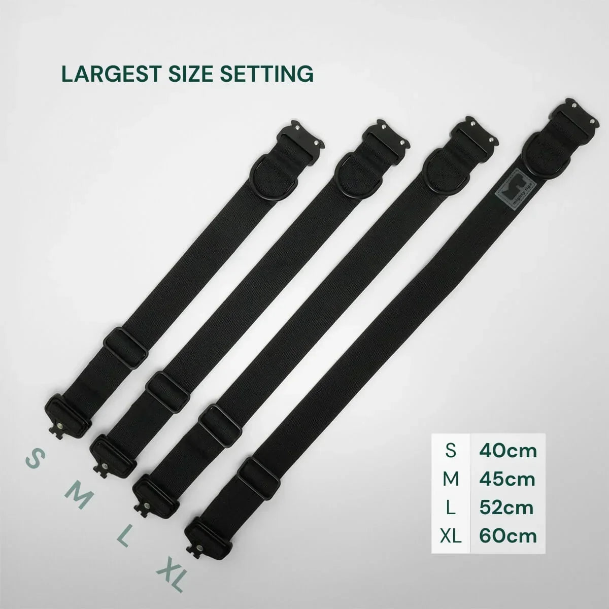 four black tactical collars one in each size s, m, l and xl showing the largest size setting on white background