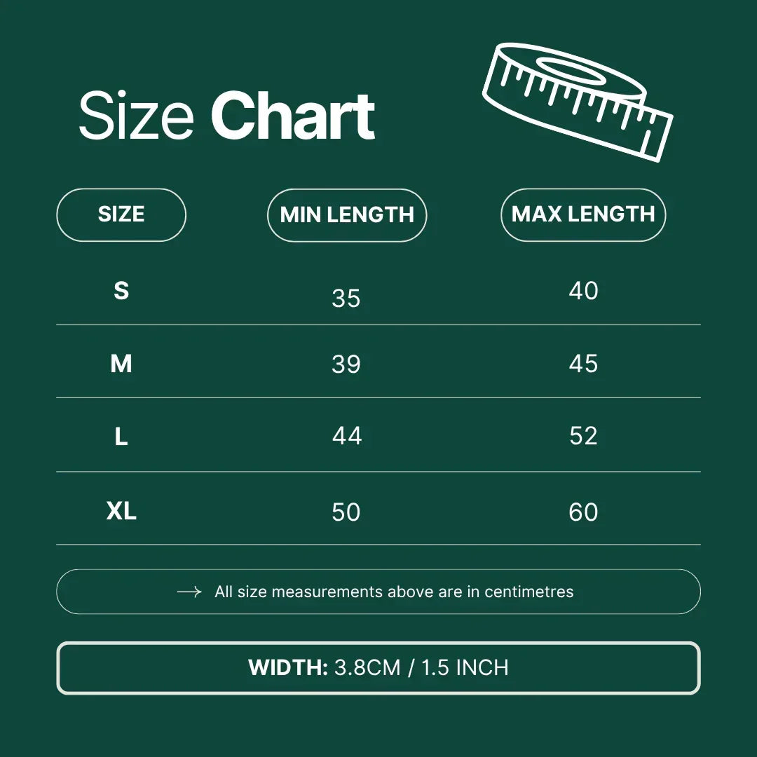 Size chart for tactical dog collar with measurements in centimetres on a green background