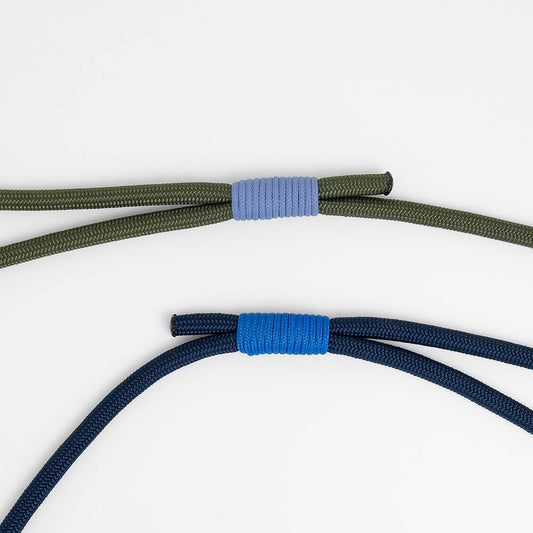 slip leashes for dogs in army green and navy blue - close up of handmade whipping detail
