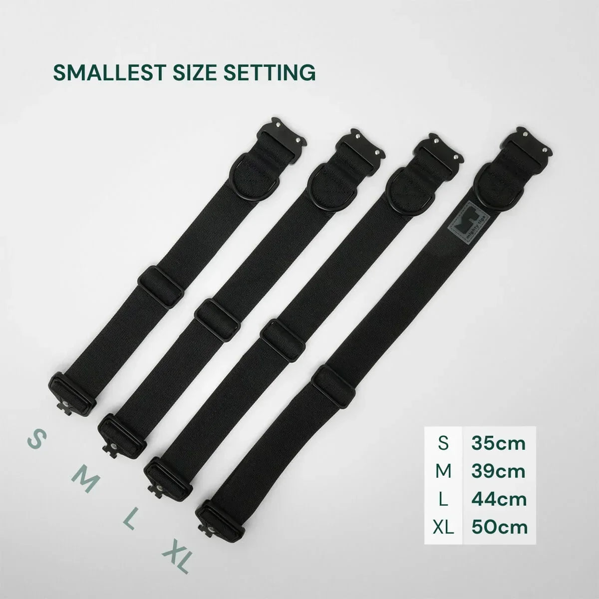four black tactical collars one in each size s, m, l and xl showing the smallest size setting on white background