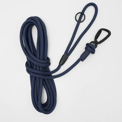Blue long line lead with black carabiner on a white background