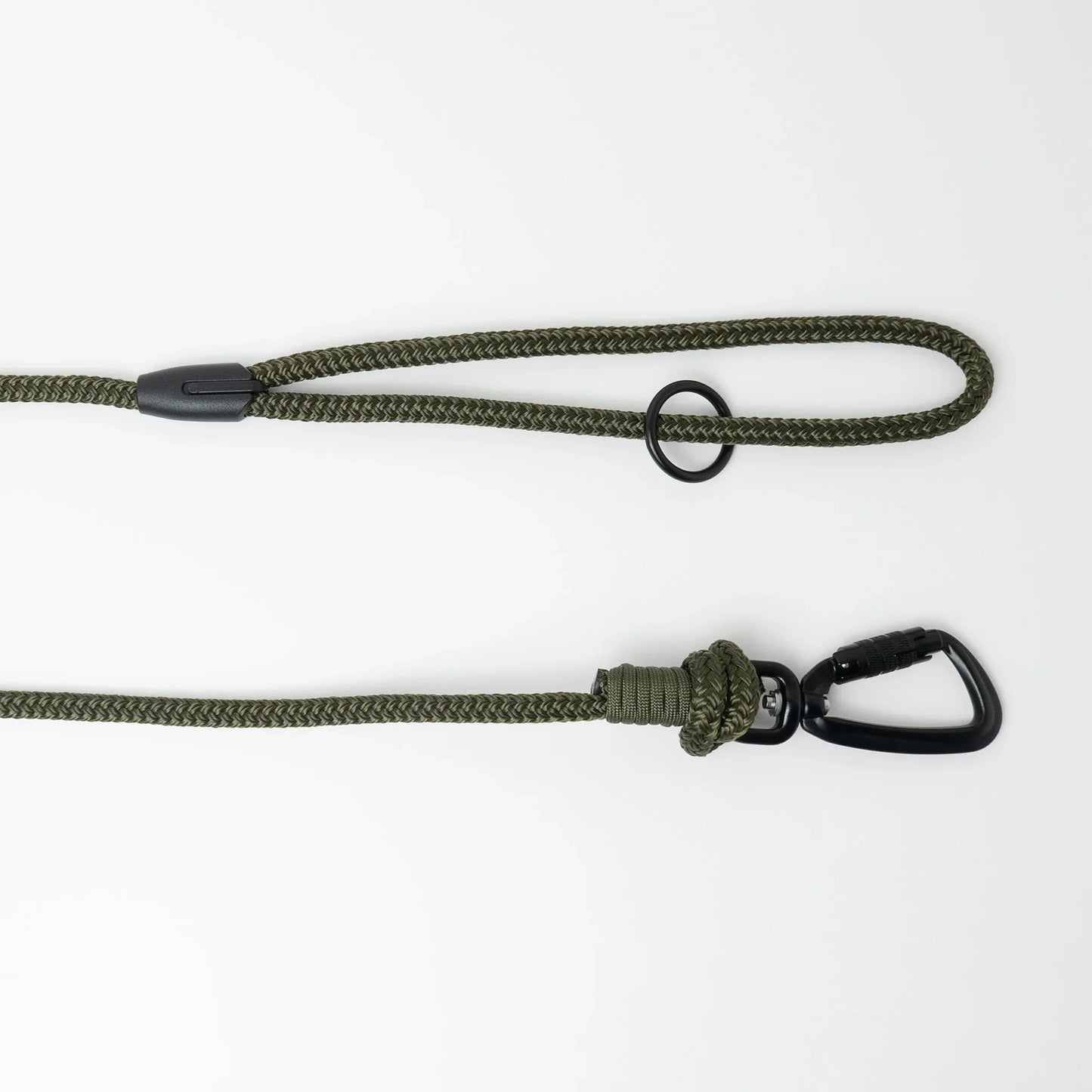 Army green 5m long dog lead with a handle and black carabiner on a white background