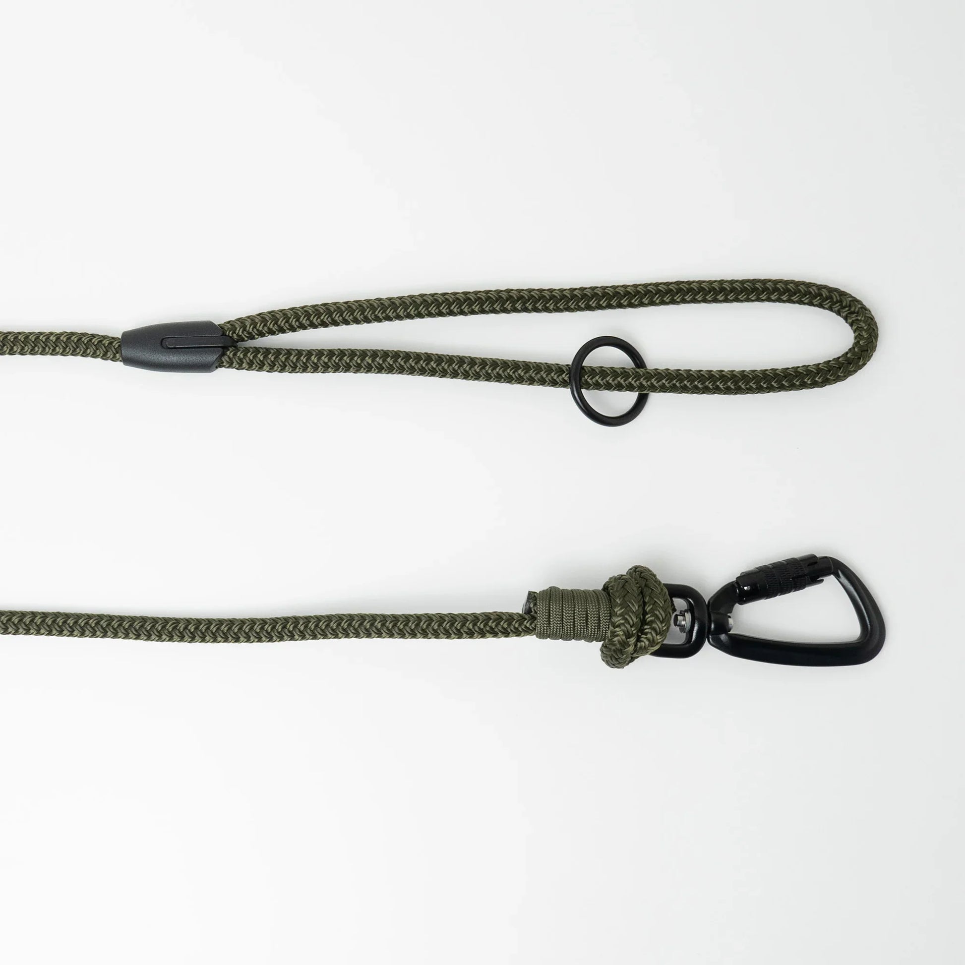 Army green 5m long dog lead with a handle and black carabiner on a white background