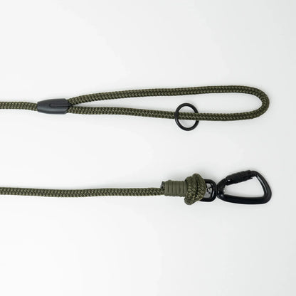 Army green 5m long dog lead with a handle and black carabiner on a white background