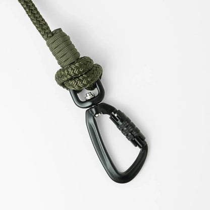 Army green 5m long dog lead with a black carabiner on a white background