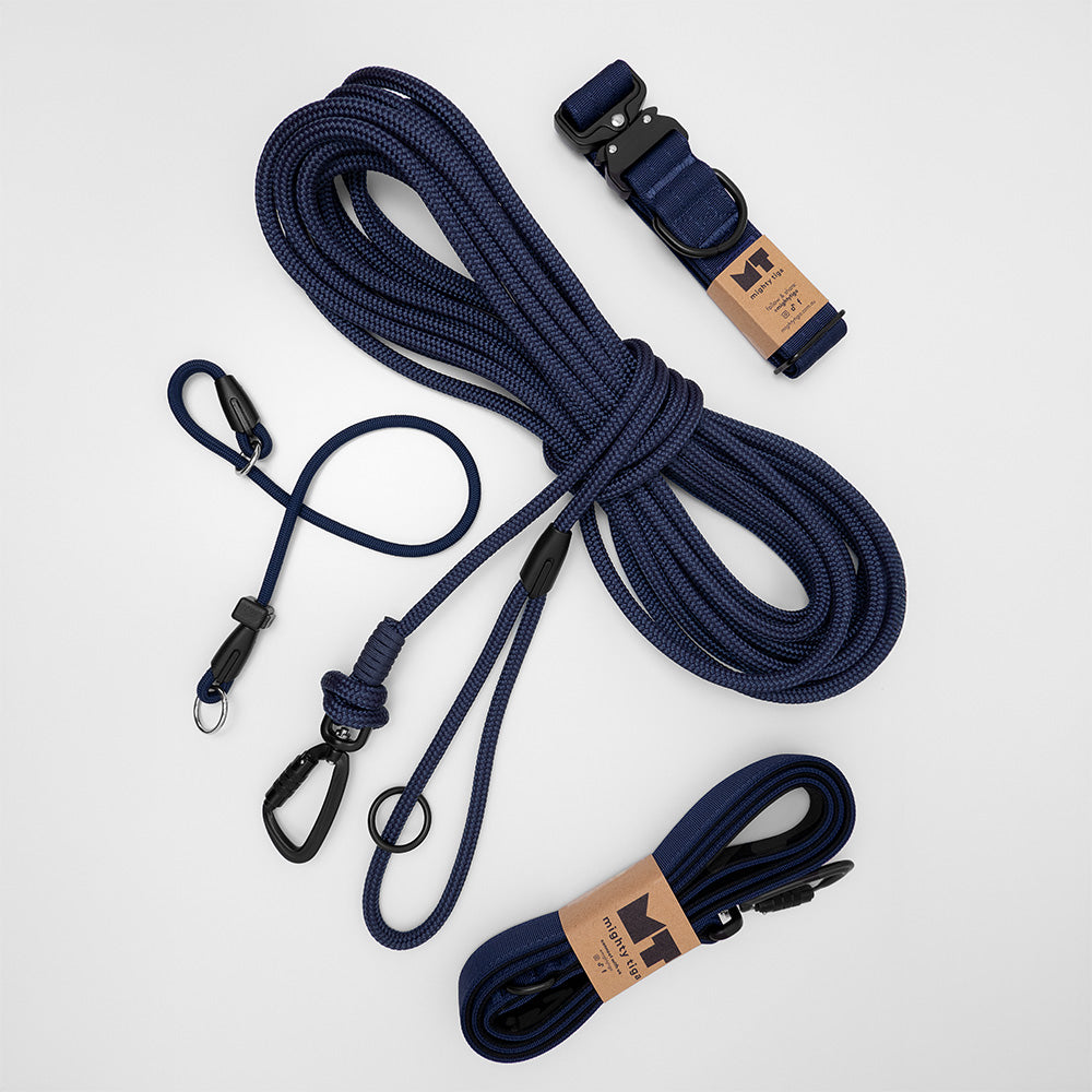 long dog lead - wide dog collar - slip lead - regular dog lead in navy blue on white background