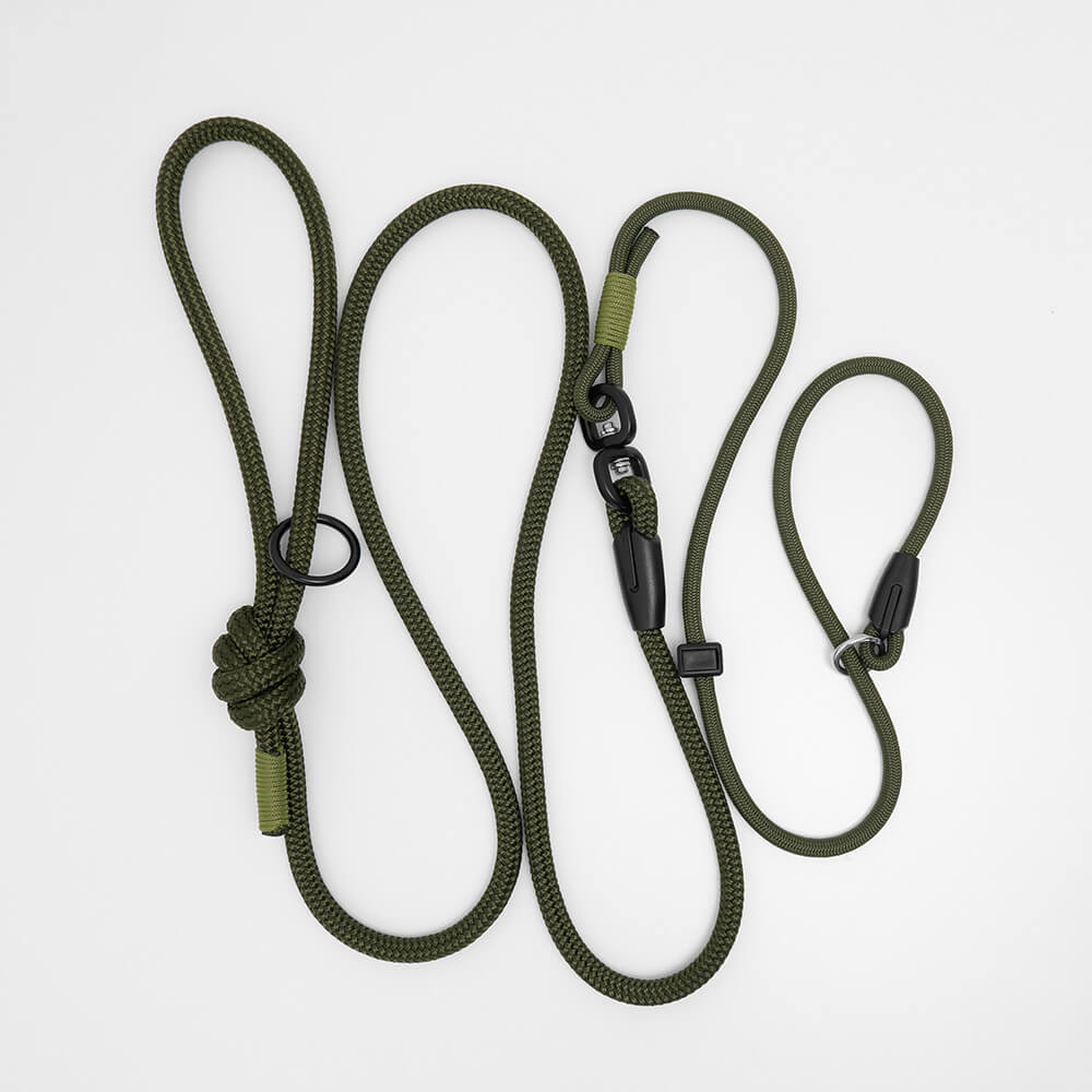 Army green and moss green swivel slip lead for dogs with anti-tangle 400kg swivel