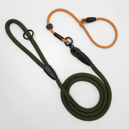 army green and orange swivel slip leash with comfortable handle and high quality toggle - made from high quality rope