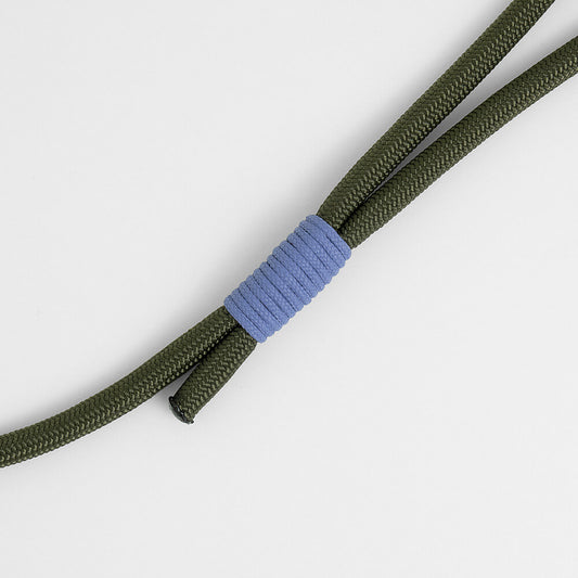 close up of whipping detail of army green slip leash for dogs - collar and leash in one