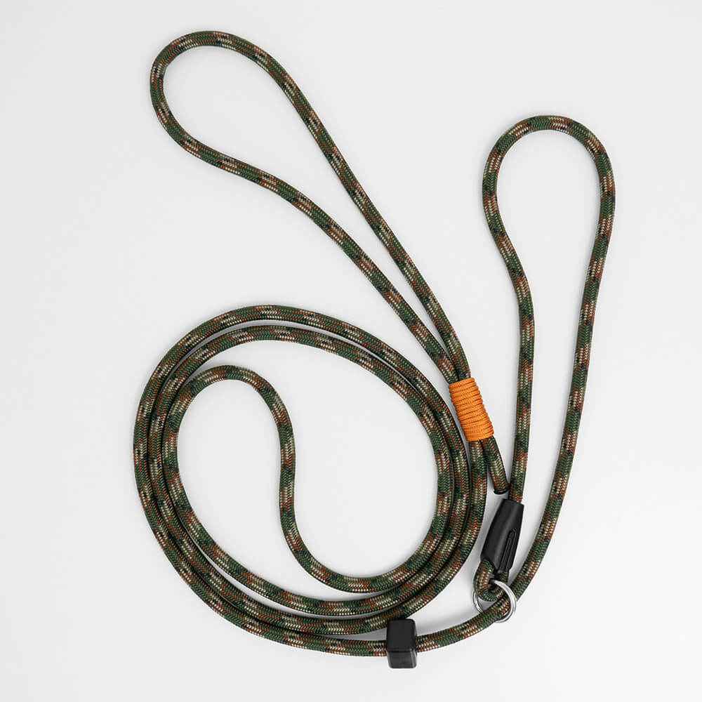 camo and orange slip leash for dogs with paracord whipping detail - collar and leash in one