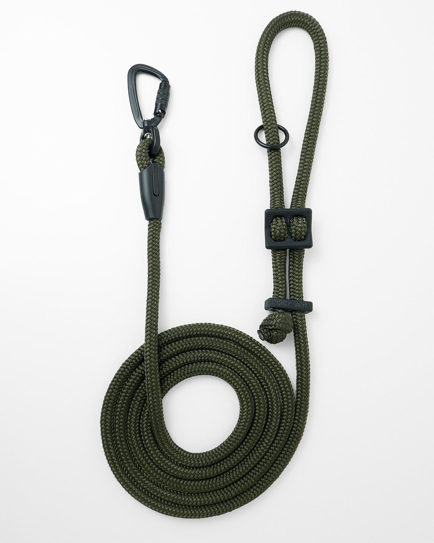 Army green hands-free dog leash by Mighty Tiga, rolled for display on white background