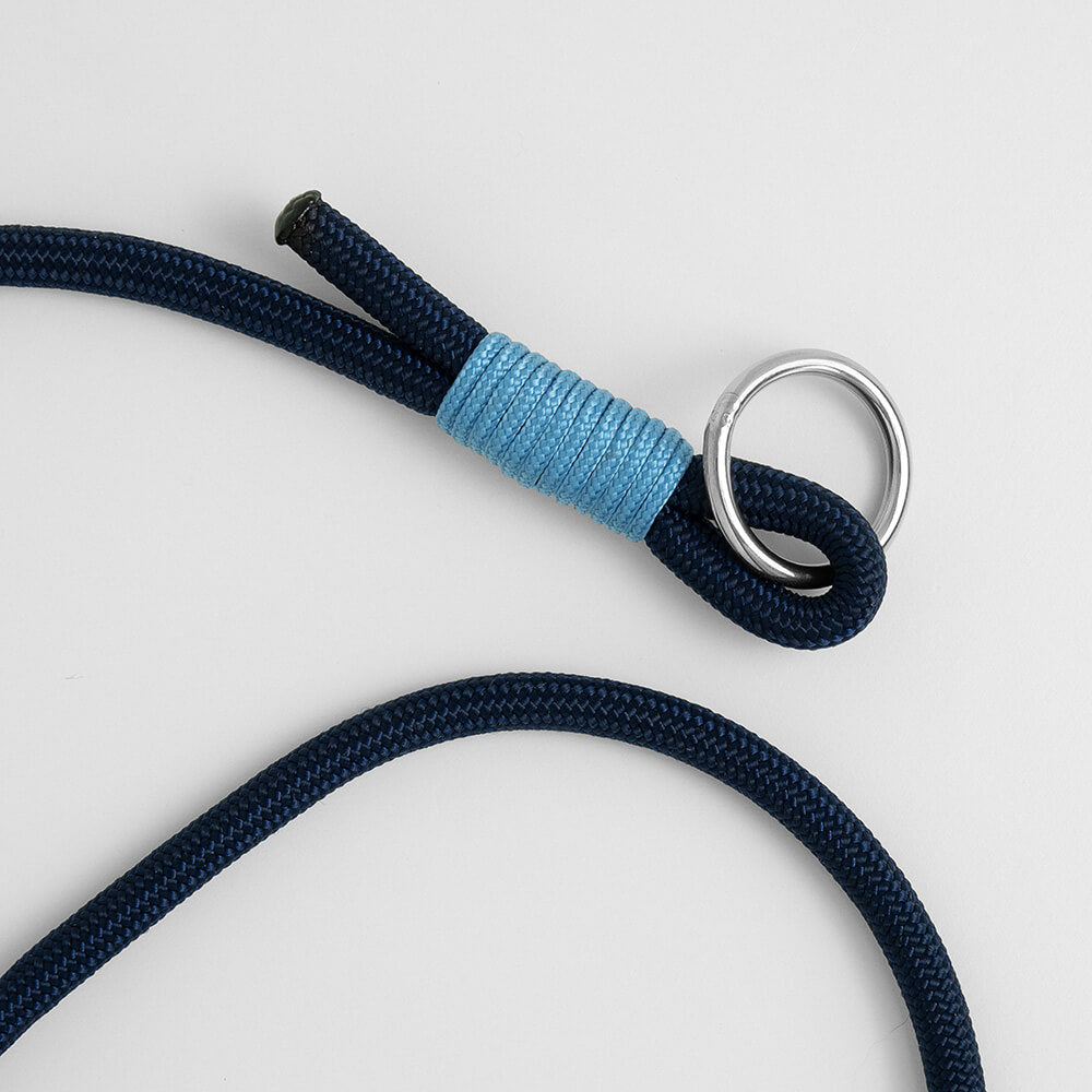 handmade paracord rope slip collar in navy blue with light blue whipping detail