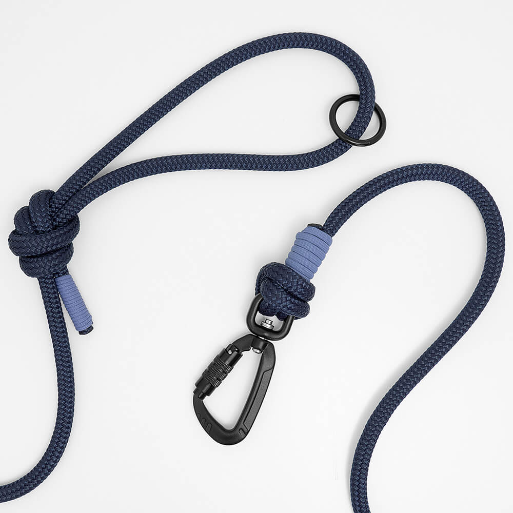 long dog lead for recall training in colour navy blue and lavender whipping