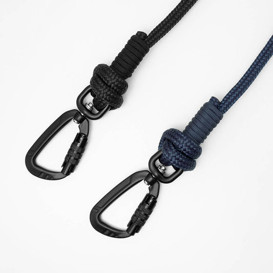 long dog lead with carabiner clips - black and navy blue long line with close up of carabiner clips and paracord whipping 