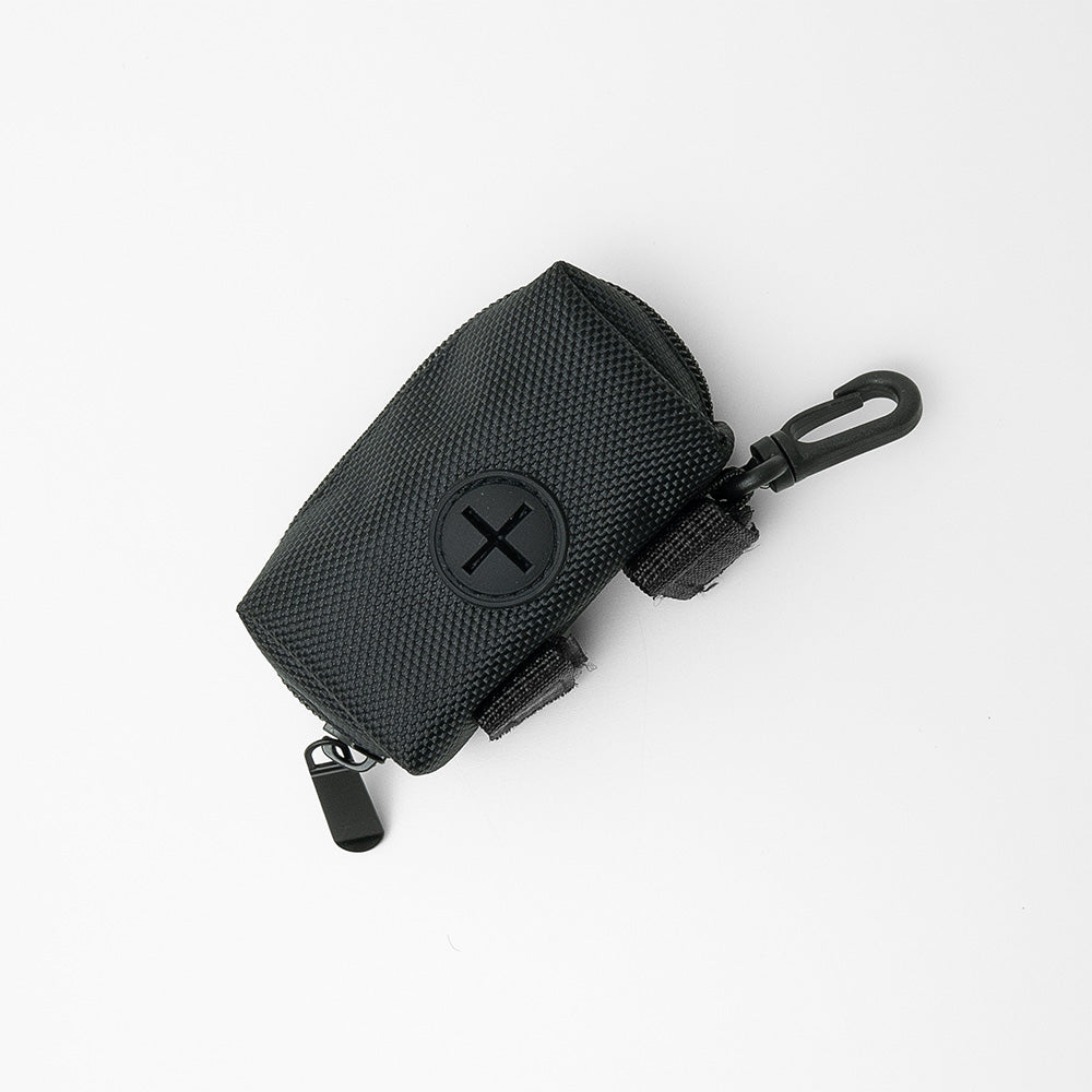 dog poop bag holder with one poop bag roll, attached to leash with clip and velcro straps