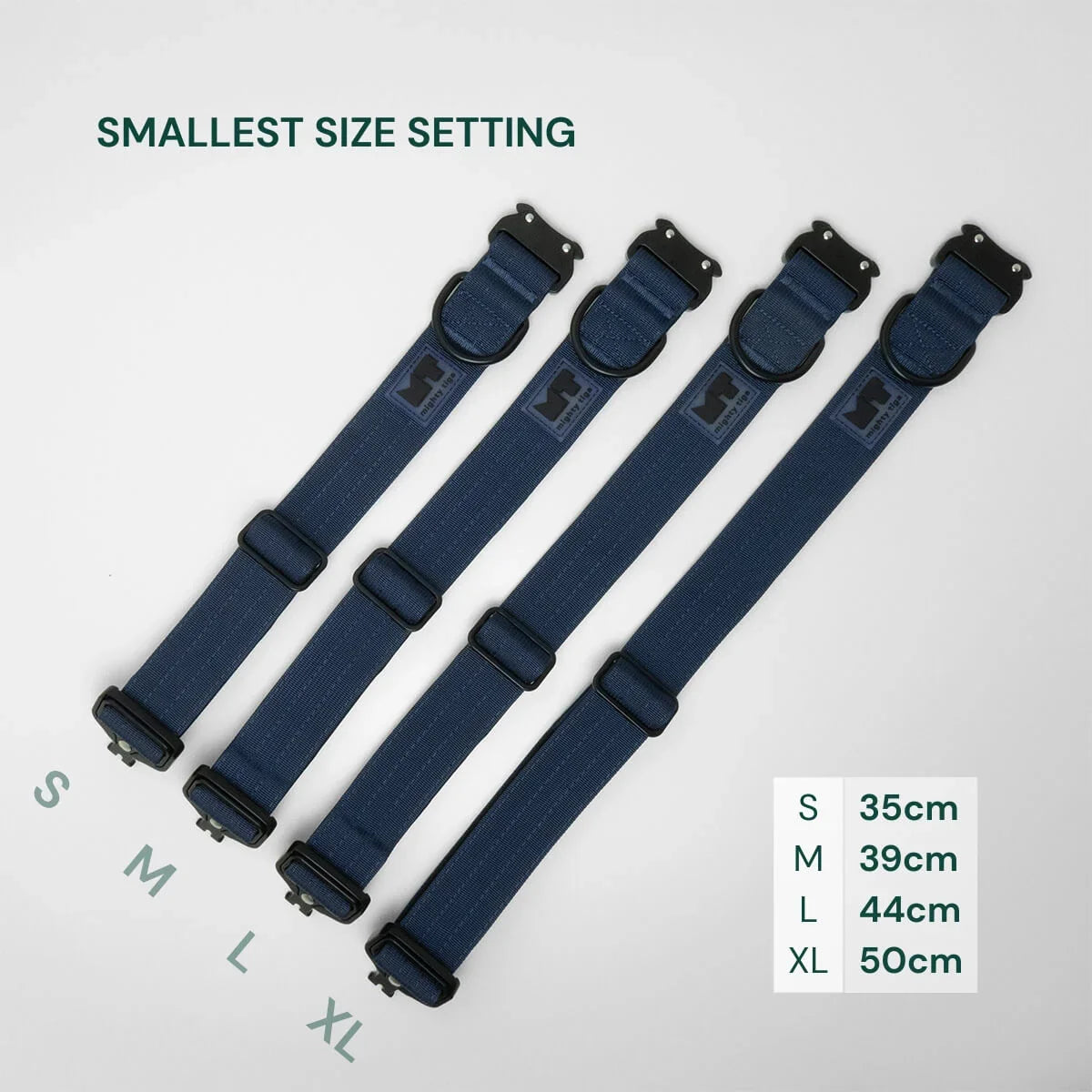 size indicator of all available sizes from s to xl of the dog collar - showing the smallest size setting