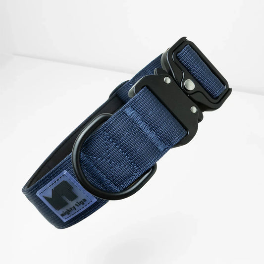 Blue tactical 1.5 inch dog collar with black metal buckle on a white background