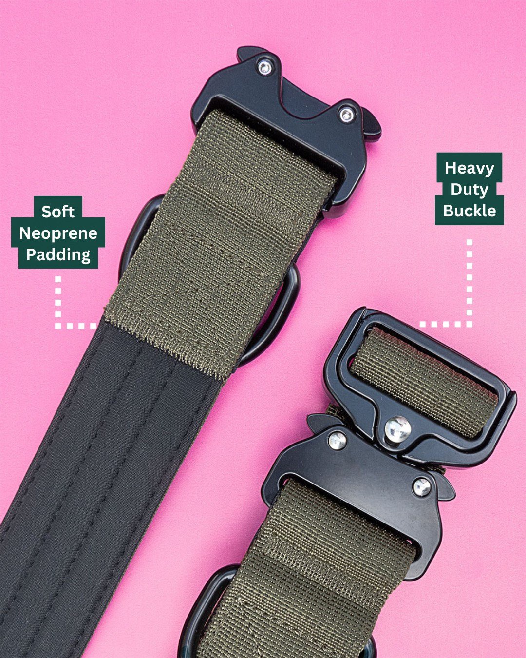 tactical dog collar -3.8cm wide - soft neoprene padding - heavy duty buckle - olive green